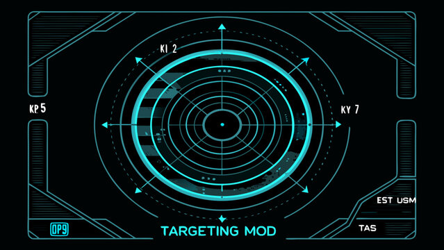 Futuristic targeting system display with a circular reticle and digital interface