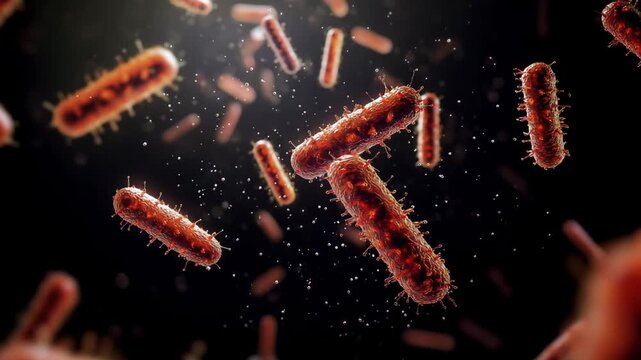 Microscopic view of bacteria colonies floating in dark space. Concept of microbiology, infection and scientific research of pathogens