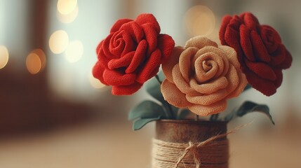 Valentine's day.valentine day recycle concept romantic fabric rose bouquet in rustic jar with twine and warm bokeh light background for love celebration and eco friendly gift idea