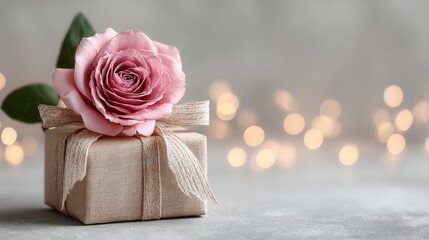 Valentine's day.valentine gift box rose flower day romance in soft light recycle craft paper concept love minimal style on table background