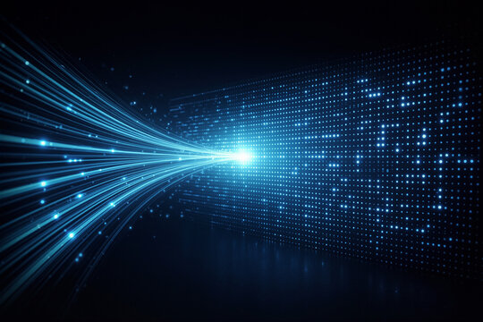 Bright blue digital light rays converge and flow toward a glowing point on a dark background composed of a matrix of illuminated dots and lines, creating a futuristic data transmission effect.