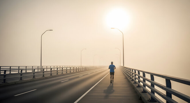 A man running alone on a long highway bridge during a foggy sunr