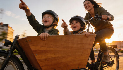 A joyful mother rides a cargo bike at sunset with her two excited children pointing ahead. A warm, golden hour scene capturing family adventure and sustainable urban transport.
