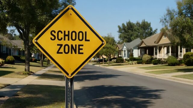 School zone warning sign along empty suburban residential street