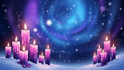 Vibrant purple candles in snowy night sky with blue swirl