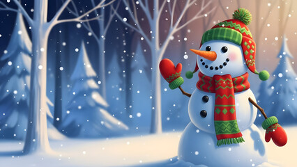 Smiling snowman in winter wonderland scene