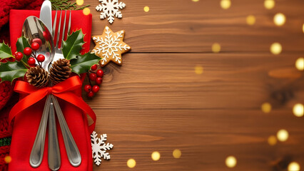 Christmas table setting with red ribbon and snowflakes