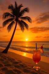 Tropical Beach Sunset with Palm Tree and Cocktail Drink -Summer Vacation Paradise