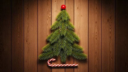 Christmas tree on wooden background with candy cane
