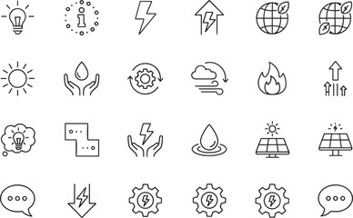 Fototapeta premium Comprehensive collection of green energy and environment line icons featuring solar panels light bulbs water drops and recycling.