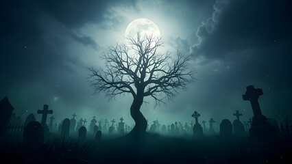 Ethereal moonlit cemetery scene with barren tree