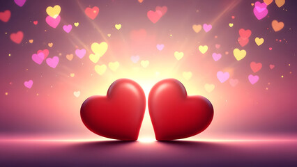 Two red hearts in love with sparkling background