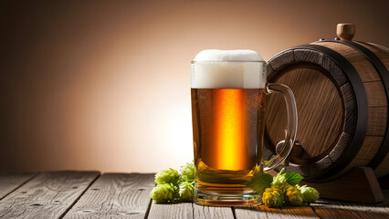 A glass of beer next to a wooden barrel on a table