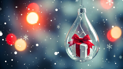 Christmas ornament with red bow and gift inside