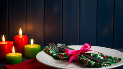 Christmas dinner table setting with candles and festive napkin