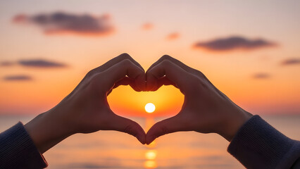 Hands forming a heart shape around the sunset