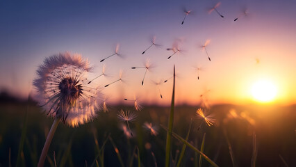 Dandelion seeds dispersing at sunset in a serene meadow