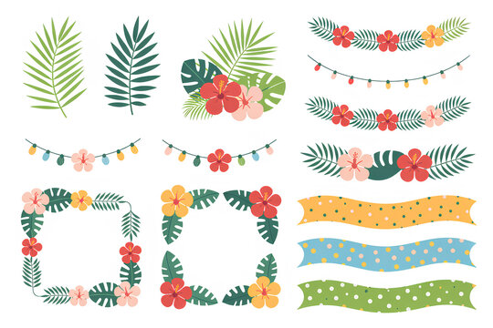 Tropical leaf and hibiscus flower frame set with summer party banners and garland decor