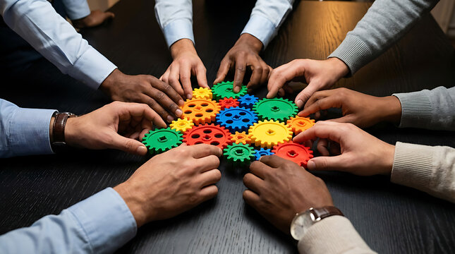 Diverse hands collaborating to connect colorful gear wheels on a dark table, representing teamwork, strategy, and problem-solving.