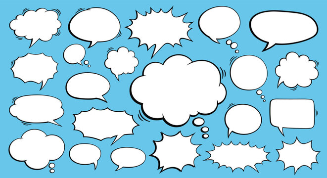 Collection of diverse comic speech bubbles and thought clouds in different shapes and styles isolated on a vibrant blue background.