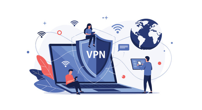 Digital security concept featuring a large VPN shield protecting a laptop with users and global network icons representing private data.