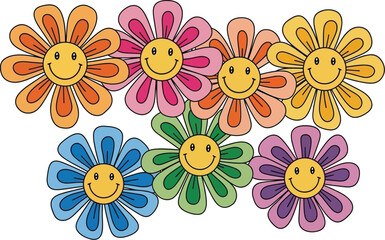 Fototapeta premium Groovy collection of seven colorful smiling daisy flower illustrations representing happy hippie style and retro design elements