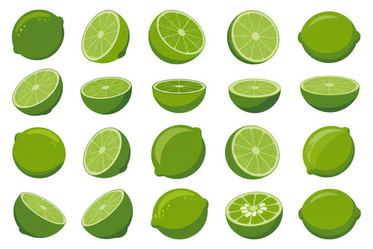 Various lime halves and segments arranged in grid pattern for food branding and packaging