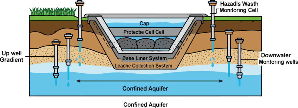 Cross-section diagram illustrates a landfill's protective cell with monitoring wells and a leachate collection system above a confined aquifer