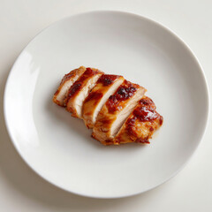 Sliced roasted chicken breast with crispy skin served on white plate, showcasing juicy and tender meat