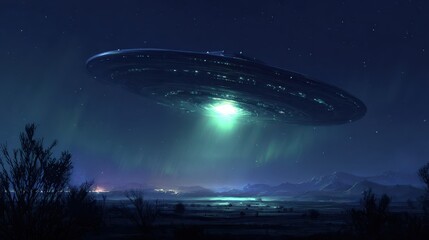 Obraz premium Mysterious night scene with a glowing flying saucer hovering over a desert landscape