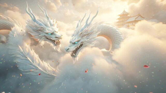 anime cinematic video majestic white Chinese dragon flying slowly floating ancient cloud temples sky, elegant long serpentine body, glowing pearl-white scales reflections, faint cyan glowing eyes