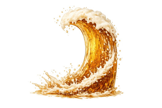 Golden beer wave splashing with white foam and bubbles, refreshing drink concept with transparent background