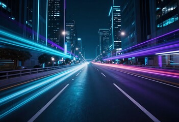 Obraz premium Futuristic neon cityscape at night featuring glowing light trails, smart transportation, and digital infrastructure, ideal for technology, innovation, AI, business, and future urban development.