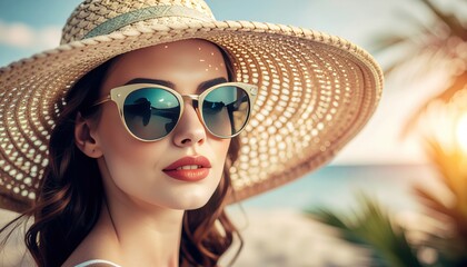 Fototapeta premium Woman in sunglasses and straw hat enjoys a sunny day at the beach outdoor portrait photography relaxed atmosphere close-up view summer vibes