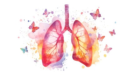 Naklejka premium Horizontal banner, Watercolor illustration. World Lung Cancer Day, World tuberculosis day, pneumonia, respiratory diseases concept. Free space for text, white background with butterflies
