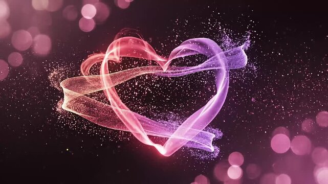 Vibrant pink heart shape made of swirling 4k video light trails on dark background