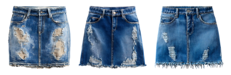 Ripped denim mini skirt, isolated on transparent background, trendy street fashion with distressed texture and casual style.
