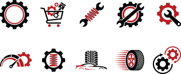 Automotive service and repair icons set featuring gears tools suspension tires speedometer and maintenance symbols for car workshop branding design © Creative Vector