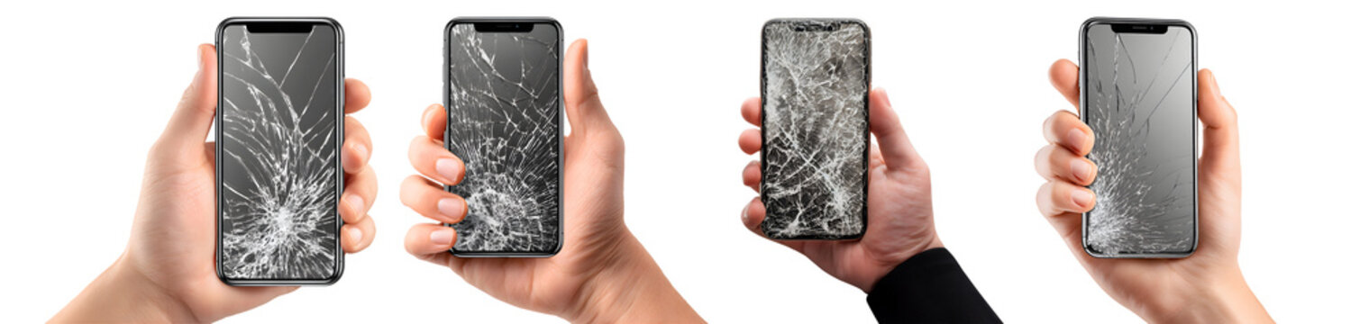 Hand holding broken smartphone with a cracked and shattered screen, isolated on transparent background.