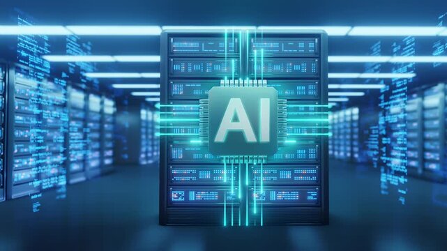 3D render: AI chip over server racks data center. Blue glowing digital lines, code. Represents artificial intelligence, machine learning, big data, cloud computing, future tech, network, innovation.