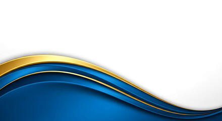 Image of flowing blue and gold wave on a white background, abstract, conveying sophistication, elegance, and a sense of motion, free space