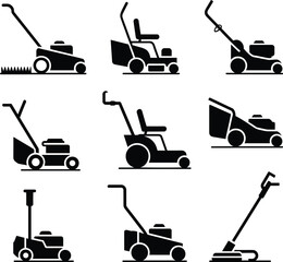 Fototapeta premium Grass cutting and lawn mower icons set in solid style for gardening landscaping yard maintenance equipment outdoor service concepts professional home commercial collection