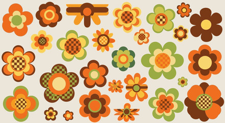 A collection of retro 70s-style floral designs and bows in warm autumn colors like orange, brown, green, and yellow, with various patterns.