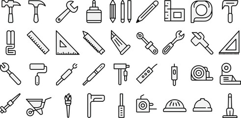 Hand tools and workshop equipment outline icons set featuring hammers wrenches measuring instruments pencils for construction repair DIY engineering design use projects branding