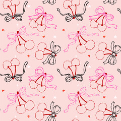 Coquette Seamless Pattern Valentine cherries art hand drawn in whimsical Groovy retro isolated on background