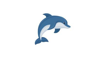 Obraz premium A cartoon dolphin, blue and white, jumping, isolated on a white background, playful and bright
