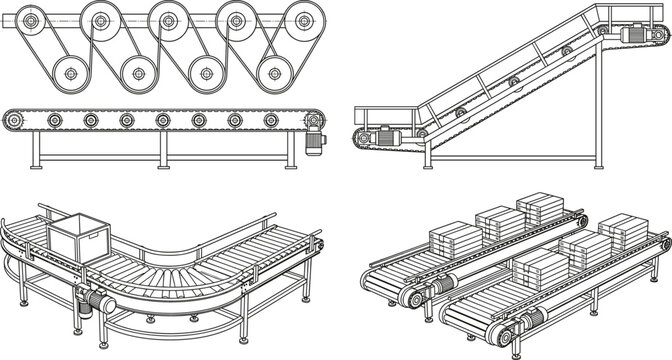 Industrial conveyor belt system technical drawing illustration showing manufacturing logistics packaging material handling automation warehouse production lines