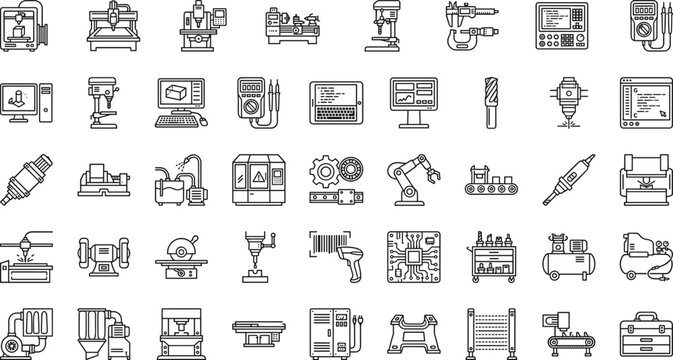 Industrial manufacturing machines and CNC workshop equipment outline icons set featuring factory automation tools electronics production technology for engineering design use projects