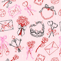 Coquette Seamless Pattern Valentine icons line art hand drawn in whimsical Groovy retro isolated on Stripes background