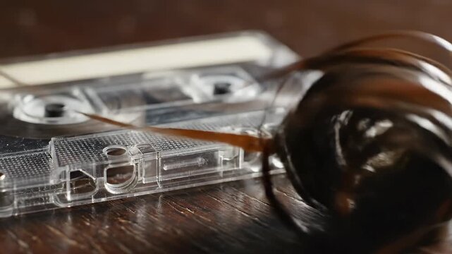Compact Audio Cassette Tape With Brown Magnetic Tape Spooled Out On A Wooden Table